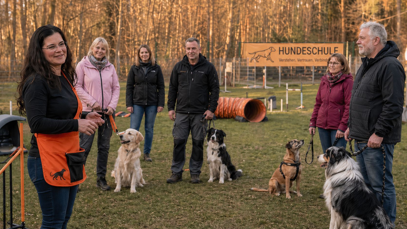 Sonja Schirner mit Trainingsgruppe und Hunden auf dem Hundeplatz